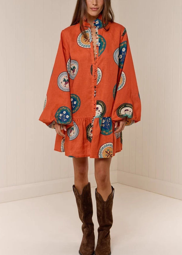 Orange Oversized Print Linen Dresses Lantern Sleeve