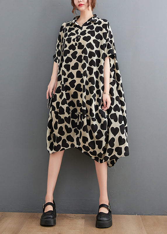 Peter Pan Collar Love Print Long Dresses Short Sleeve
