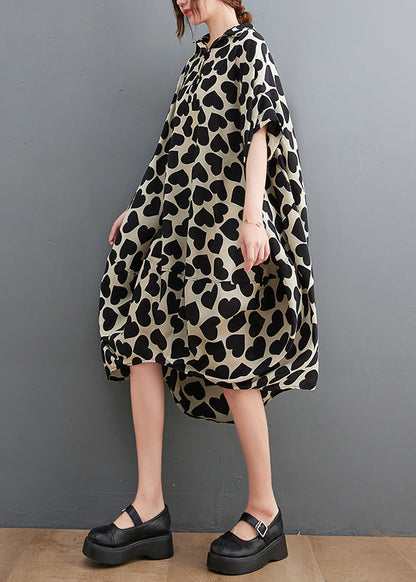Peter Pan Collar Love Print Long Dresses Short Sleeve