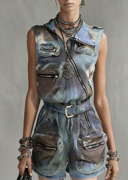 Peter Pan Collar Sashes Patchwork Jumpsuits Sleeveless
