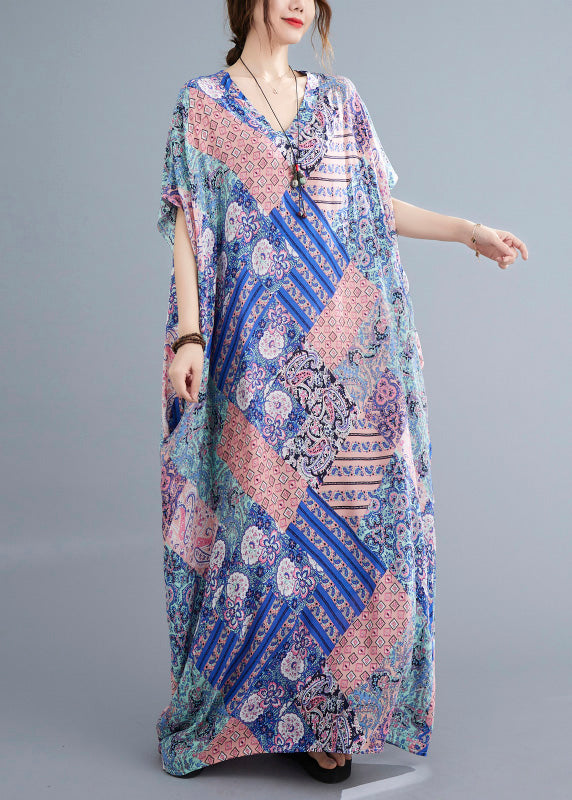 Pink Blue Print Cotton Beach Long Dresses Summer