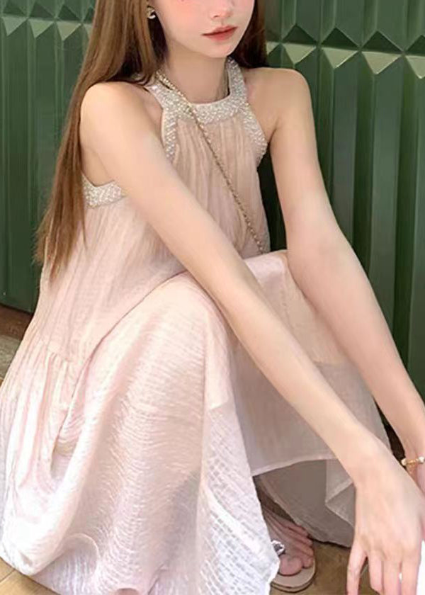 Pink Cold Shoulder Halter Cotton Long Dress Summer