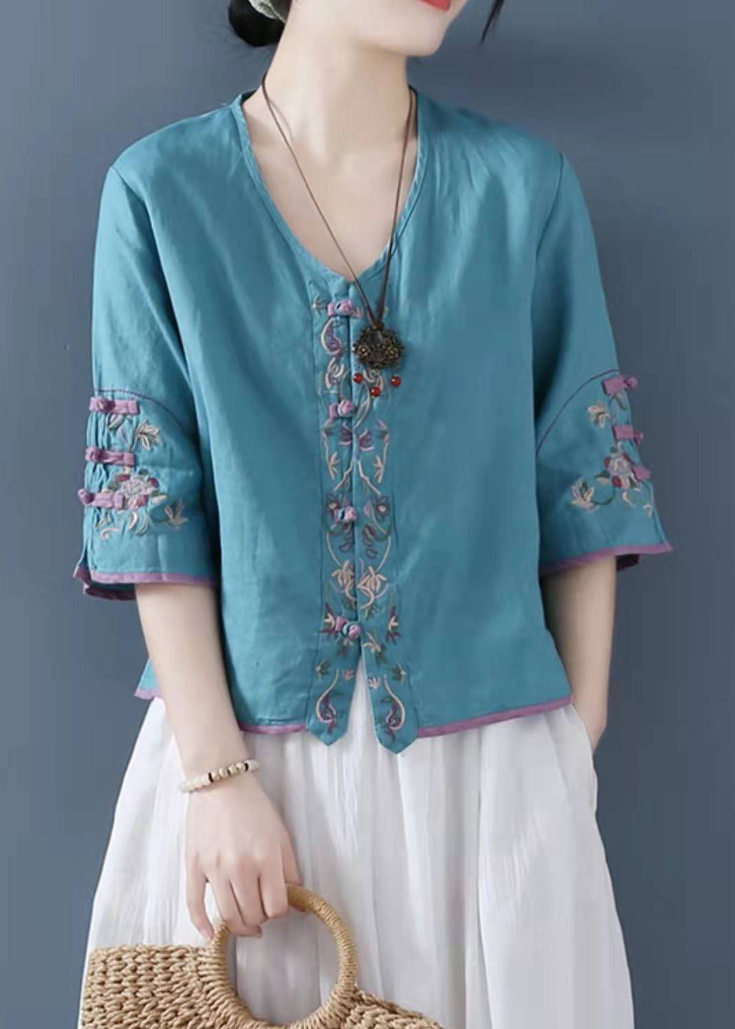 Pink Embroideried Button Shirts Half Sleeve
