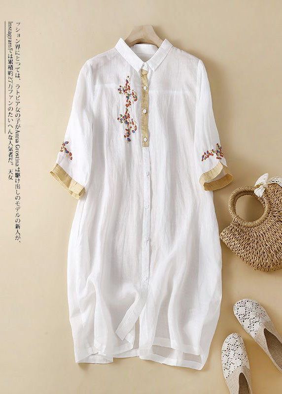 Pink Embroideried Patchwork Linen Shirt Dress Summer