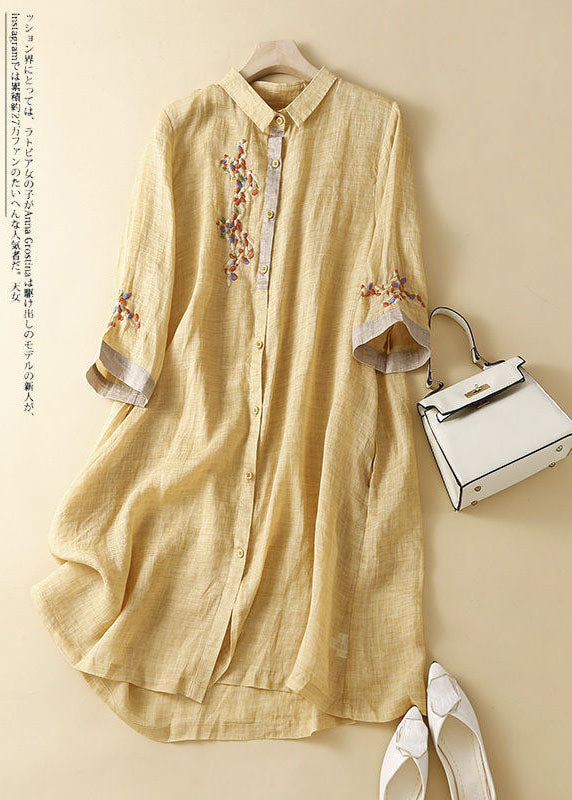 Green Polka Dots Embroidered Patchwork Linen Shirt Dress Summer