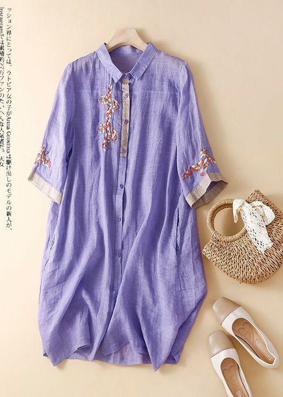 White Flowers Embroidered Patchwork Linen Shirt Dress Summer