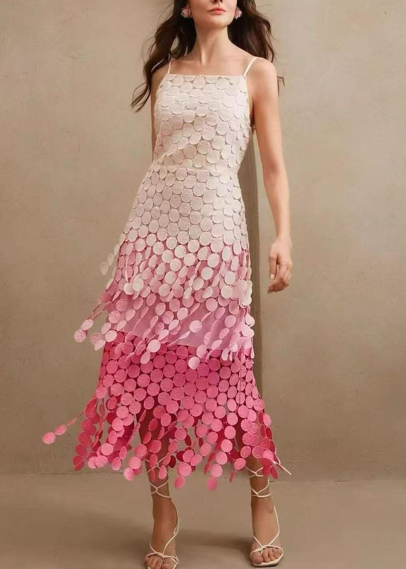 Pink Gradient Tasseled Spaghetti Strap Dress Summer