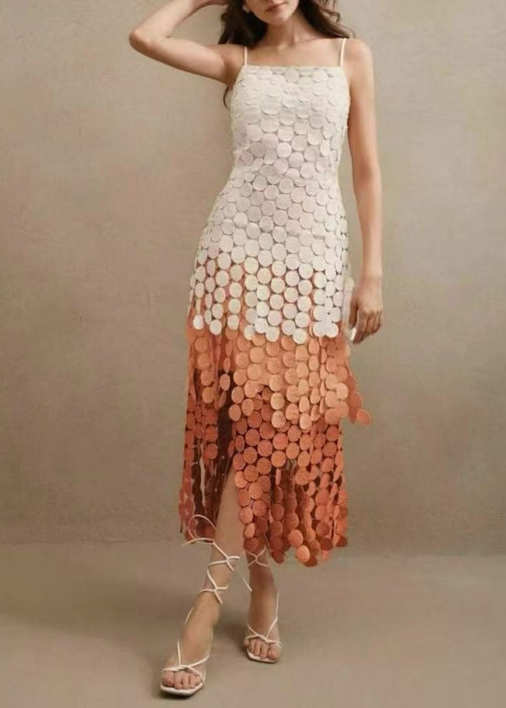 Pink Gradient Tasseled Spaghetti Strap Dress Summer