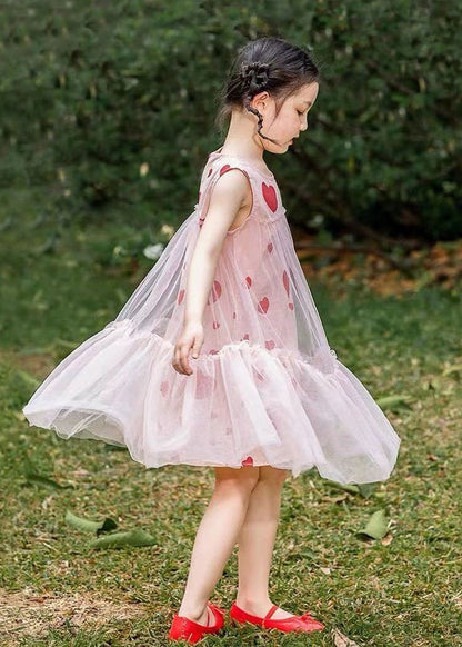 Pink Love Print Patchwork Wrinkled Tulle Kids Long Dresses Summer