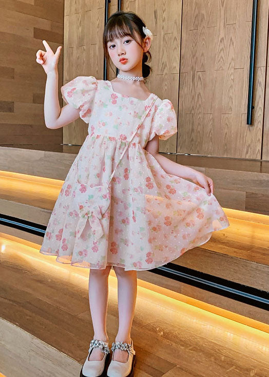 Pink O Neck Print Patchwork Chiffon Kids Princess Dress Summer