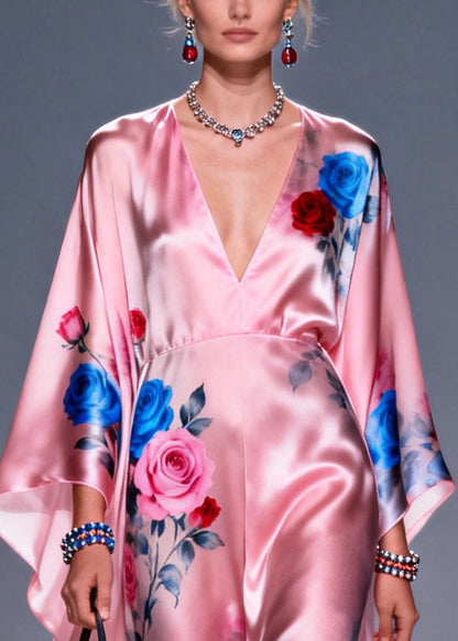 Pink Oversized Print Silk Vacation Dress Summer