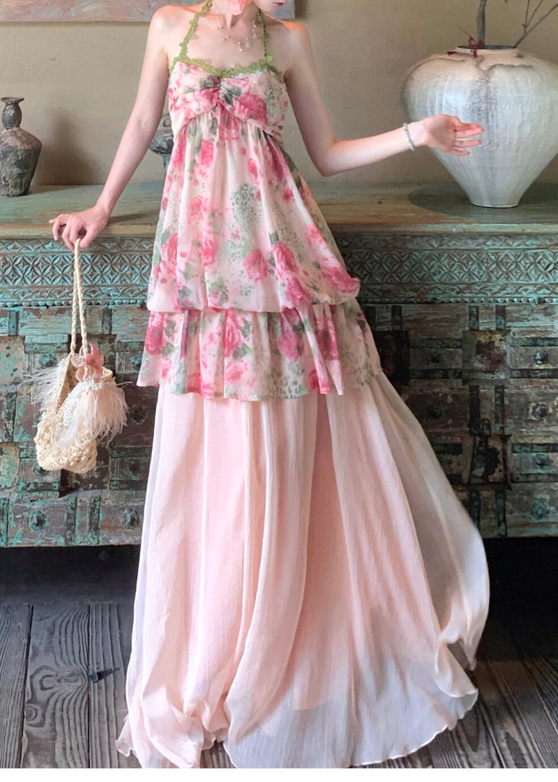 Pink Print Draping Chiffon Two Pieces Set Summer