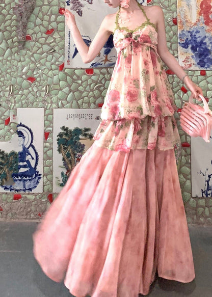 Pink Print Draping Chiffon Two Pieces Set Summer