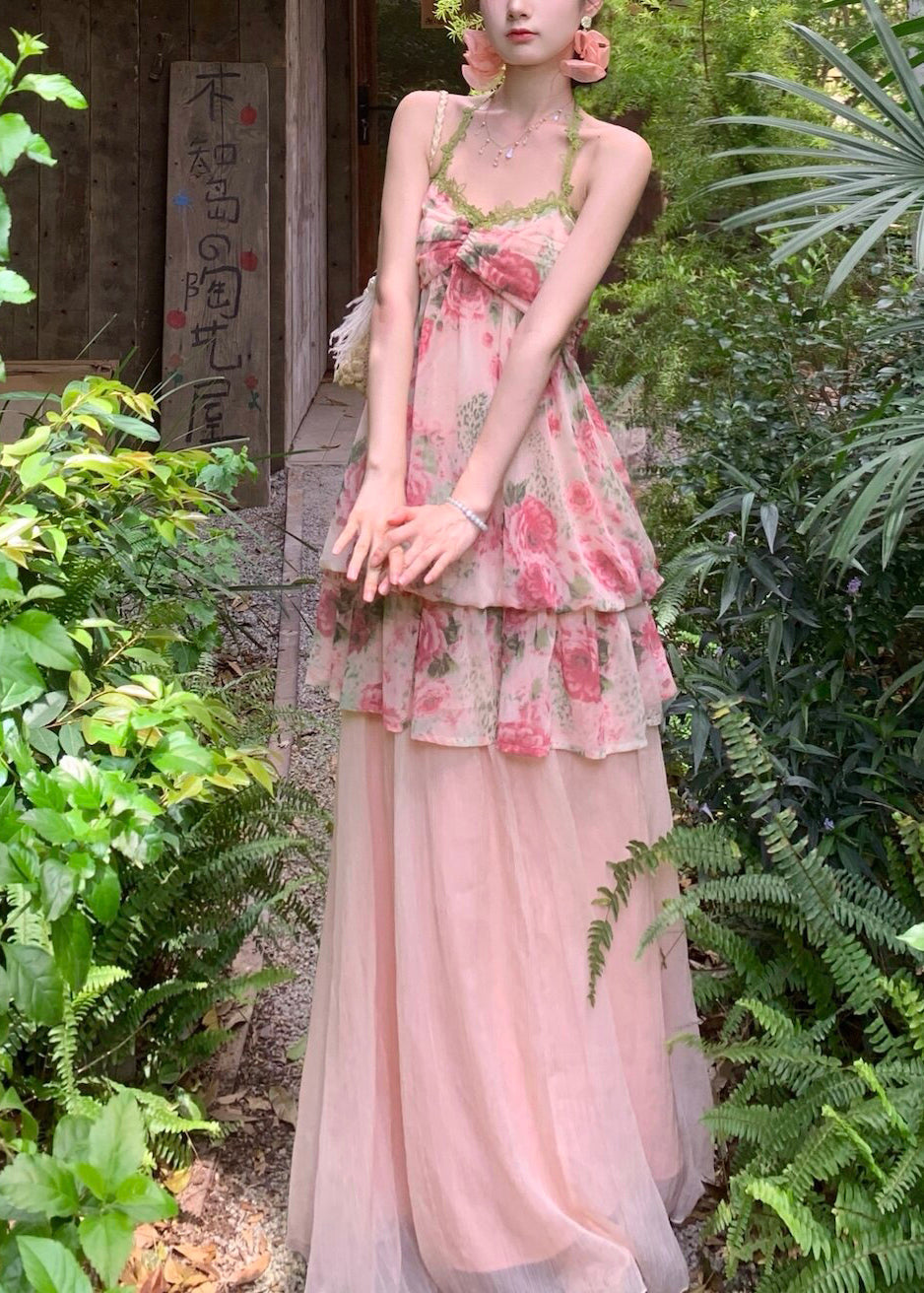 Pink Print Draping Chiffon Two Pieces Set Summer