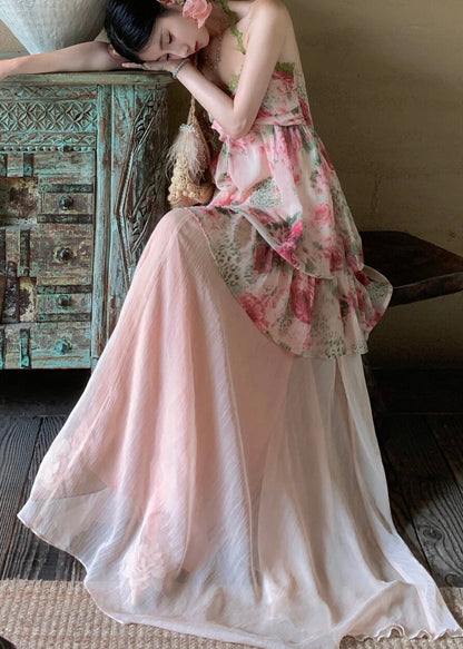Pink Print Draping Chiffon Two Pieces Set Summer