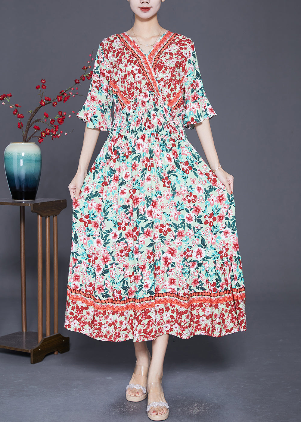 Pink Print Exra Large Hem Cotton Maxi Dresses Summer