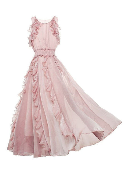 Pink Ruffled Patchwork Cold Shoulder Chiffon Dress Summer