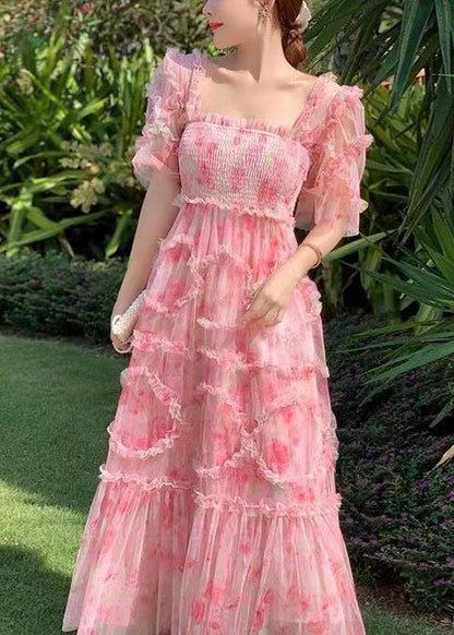Pink Ruffled Patchwork Print Tulle Holiday Dress Summer