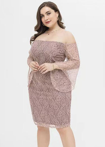 Pink Slash Neck Lace Mid Dress Short Sleeve