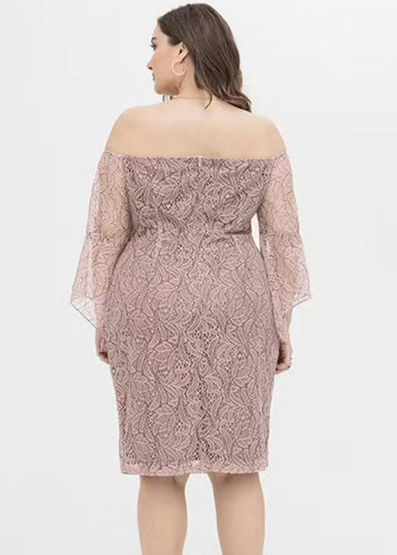 Pink Slash Neck Lace Mid Dress Short Sleeve