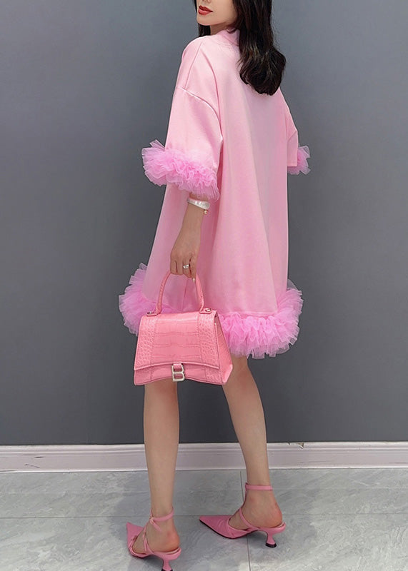 Pink Tulle Patchwork Mid Dresses Summer