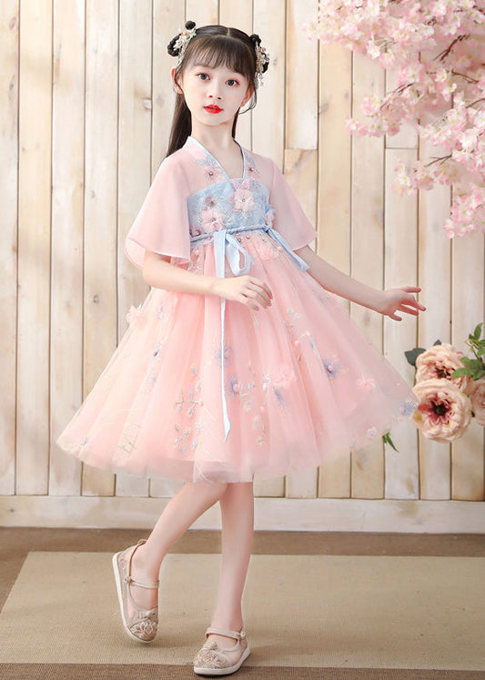 Pink V Neck Embroideried Layered Tulle Kids Mid Dress Short Sleeve