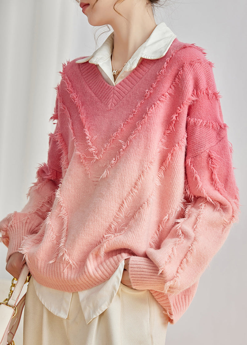 Pink V Neck Gradient Tasseled Knit Sweater Top Spring