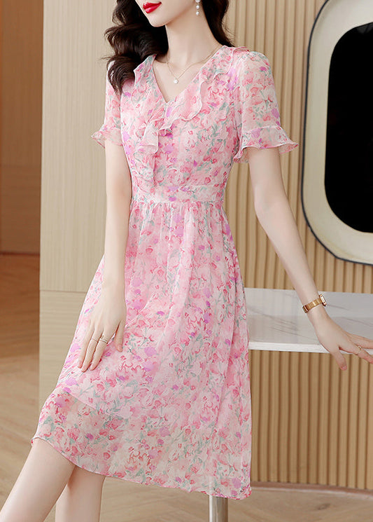 Pink V Neck Ruffled Print Chiffon Dress Summer