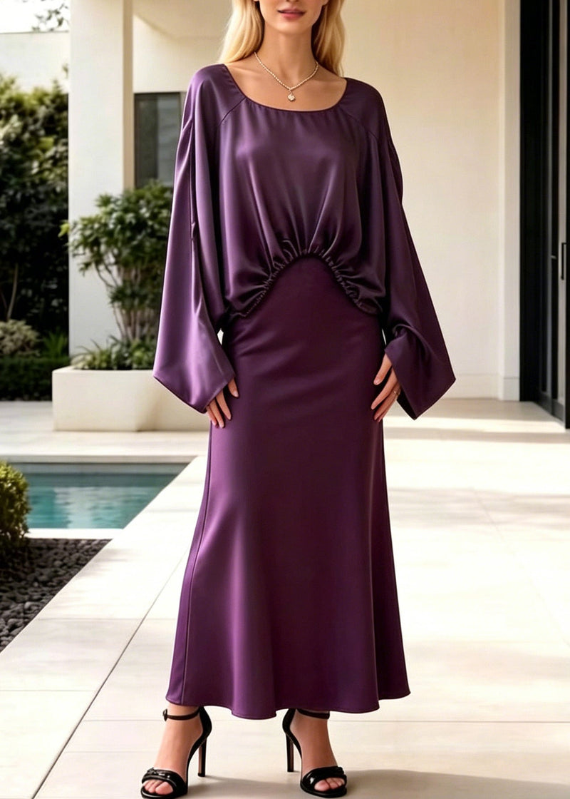 Purple Asymmetrical Design Draping Silk Two Pieces Set Batwing Sleeve