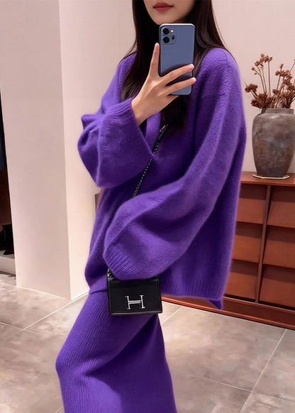 Purple Backless Bow Knit Two Piece Set Outfits Winter