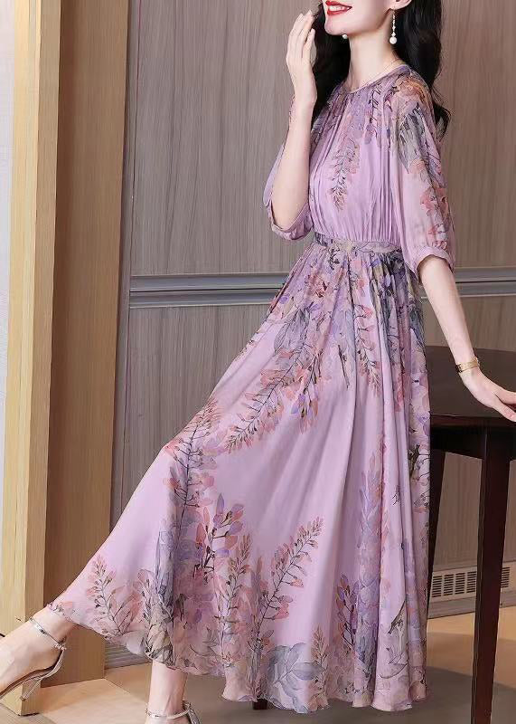 Purple O-neck Print Chiffon Maxi Dresses Summer