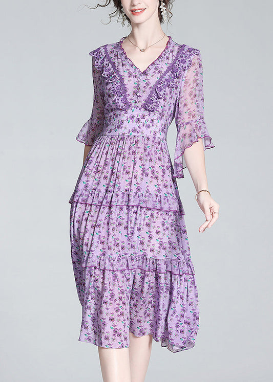 Purple V Neck Print Wrinkled Button Silk Long Dress Half Sleeve