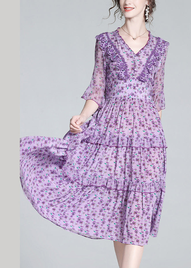 Purple V Neck Print Wrinkled Button Silk Long Dress Half Sleeve