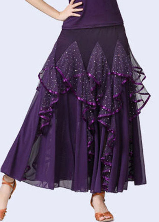 Purple Wrinkled Tulle Patchwork Sequins Cotton Skirts Summer