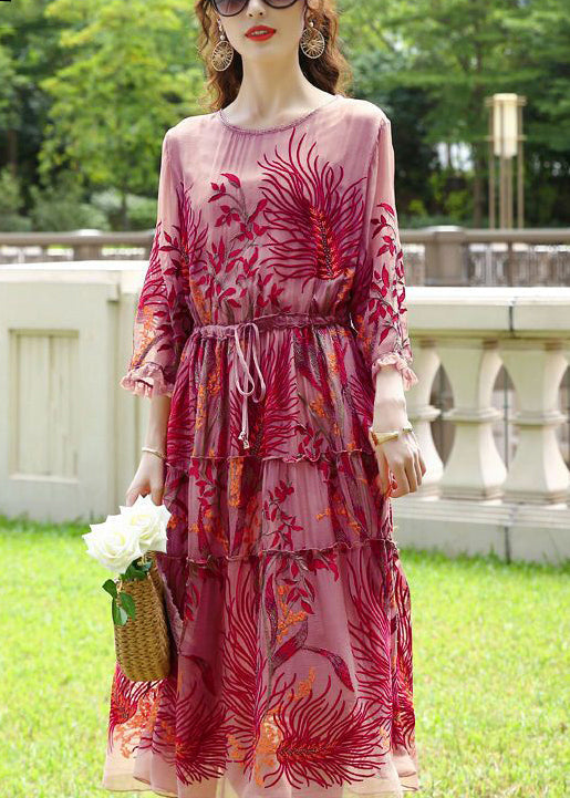 Red Embroideried Cinched Silk Dresses Bracelet Sleeve