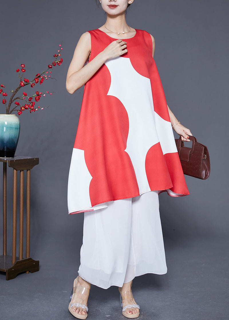 Red O-neck Print Satin a Line Dress Summer