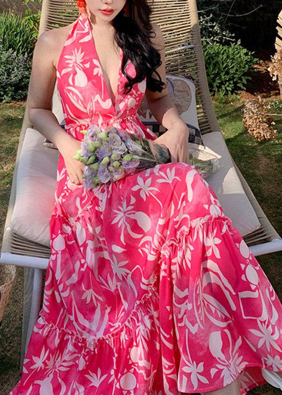 Red Patchwork Halter Wrinkled Maxi Beach Dress Sleeveless