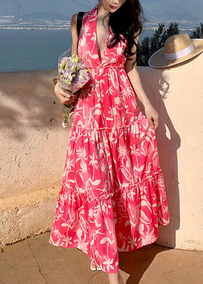 Red Patchwork Halter Wrinkled Maxi Beach Dress Sleeveless