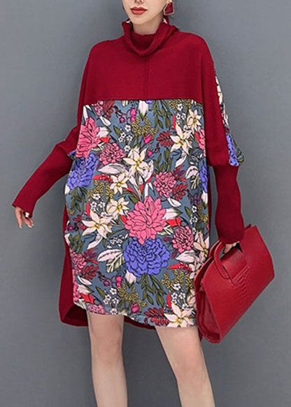 Red Print Knit Patchwork Tops Long Sleeve