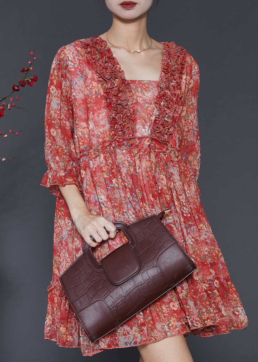 Red Ruffled Print Chiffon Mini Dress Summer