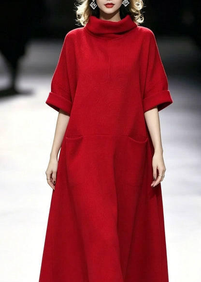 Red Turtleneck Pockets Maxi Dresses Summer