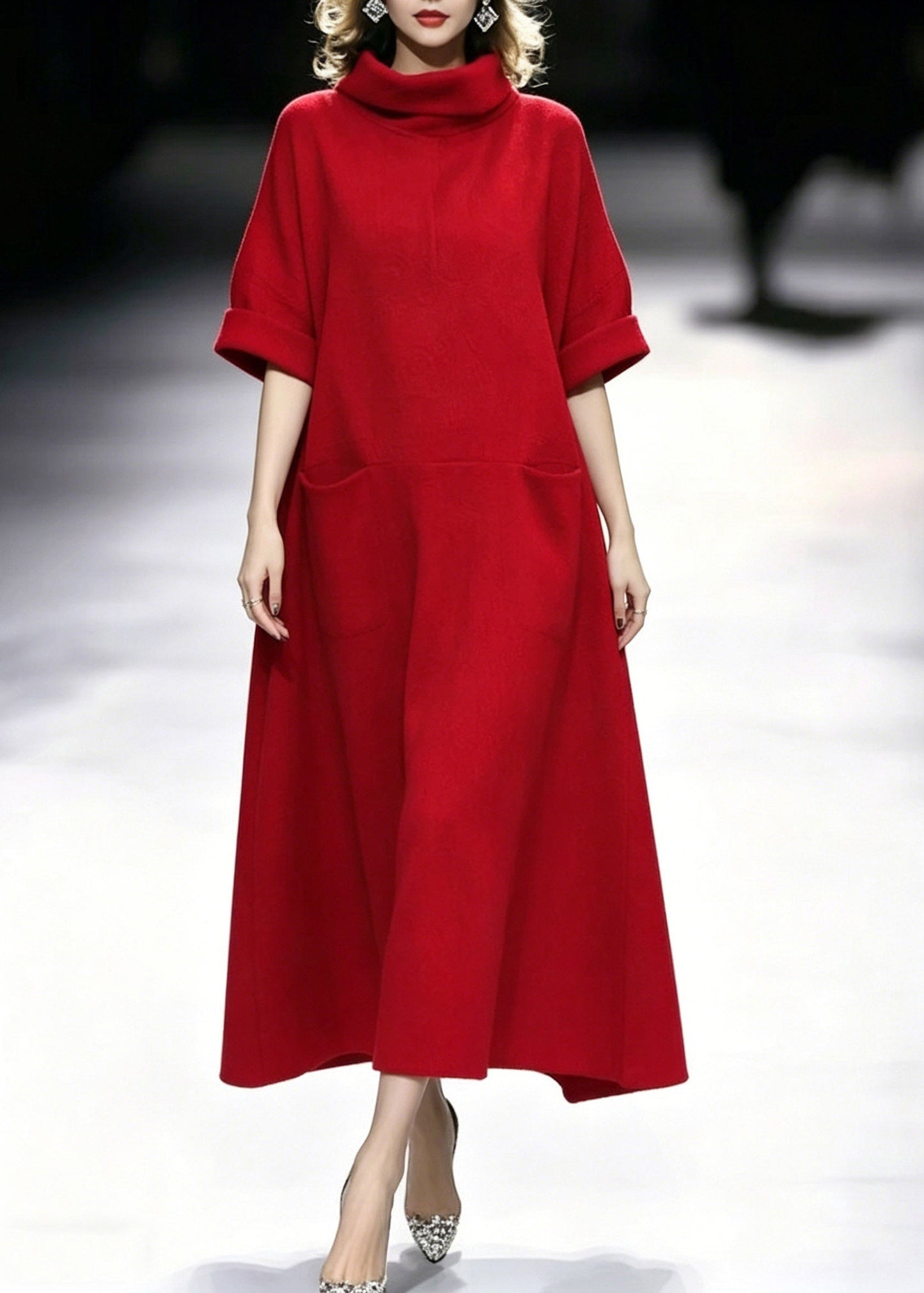 Red Turtleneck Pockets Maxi Dresses Summer