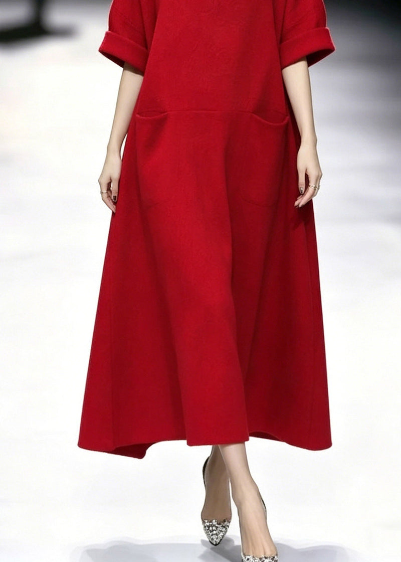 Red Turtleneck Pockets Maxi Dresses Summer