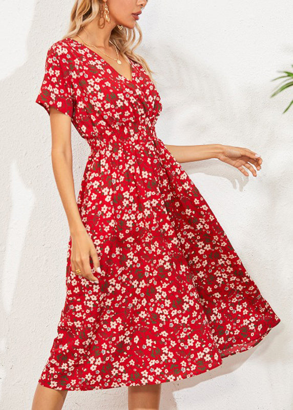 Red V Nec Print Long Dress Summer