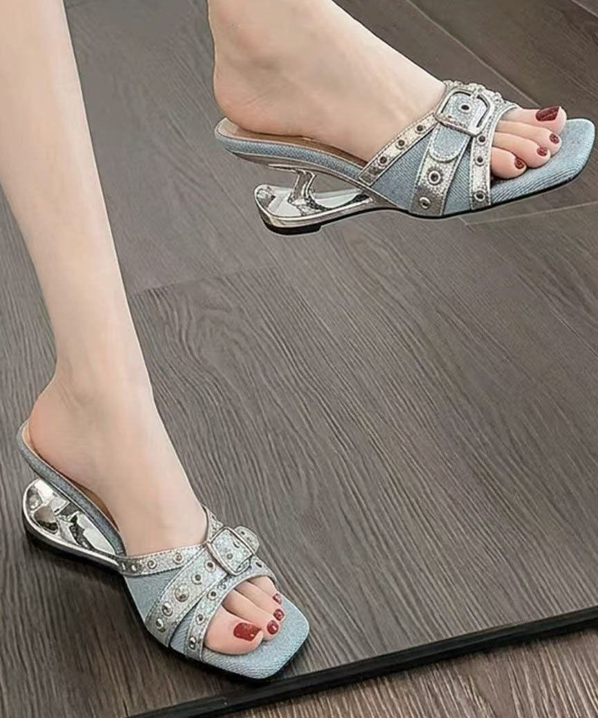 Rivet Splicing Wedge Blue Faux Leather Slide Sandals