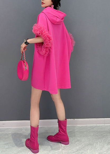 Rose Hooded Tulle Ruffled Patchwork Cotton Mini Dresses Summer