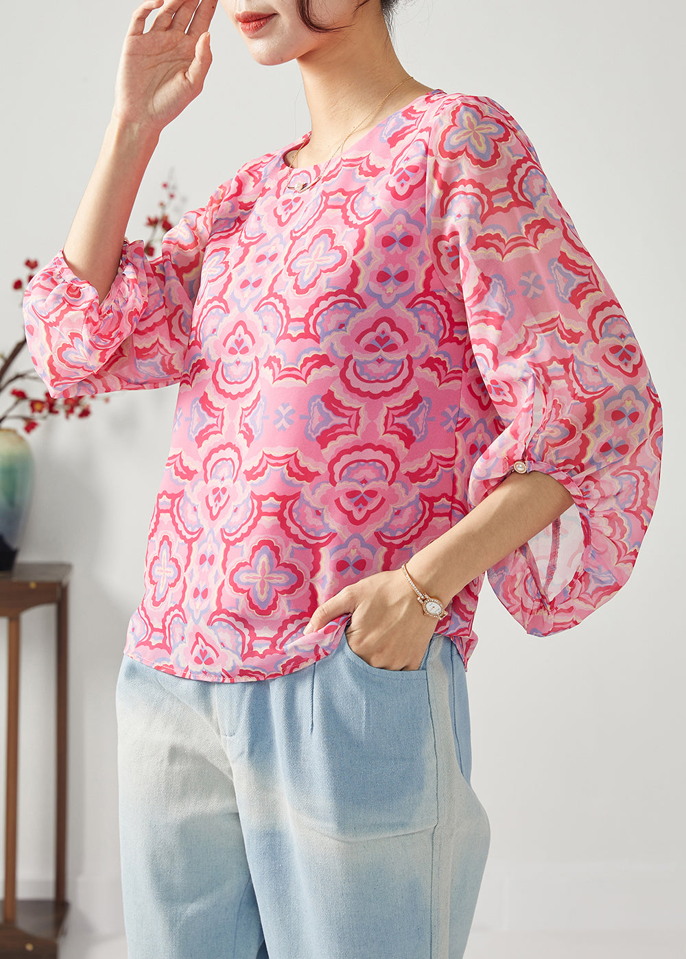 Rose Oversized Print Chiffon Shirt Top Bracelet Sleeve