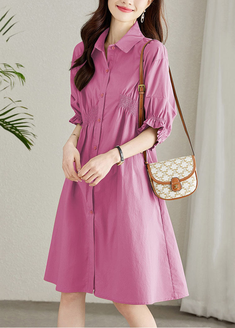 Rose Peter Pan Collar Ruffled Patchwork Cotton Shirts Dress Summer