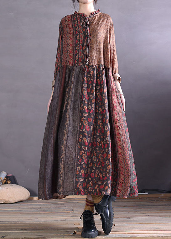 Ruffled Colorblock Print Cotton Maxi Dresses Spring
