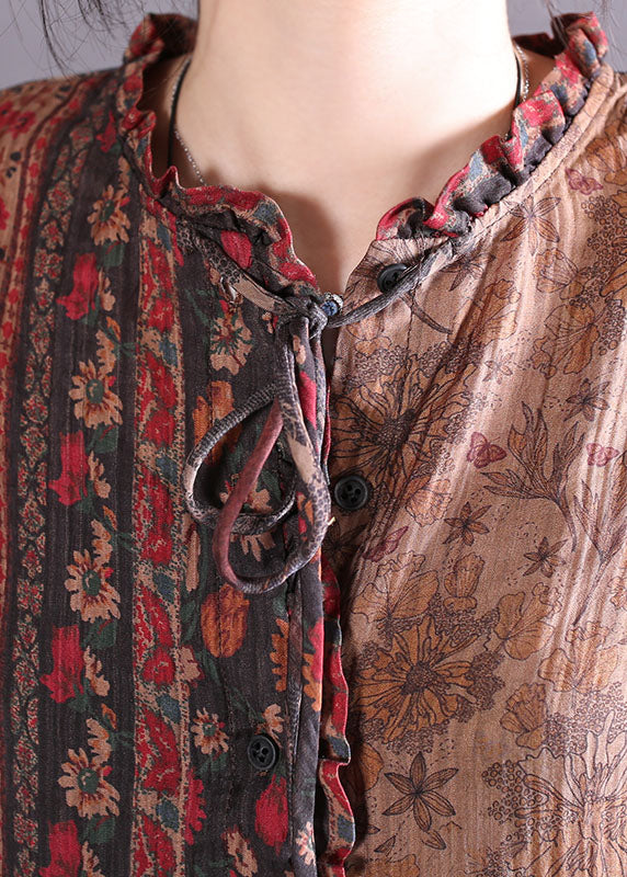 Ruffled Colorblock Print Cotton Maxi Dresses Spring